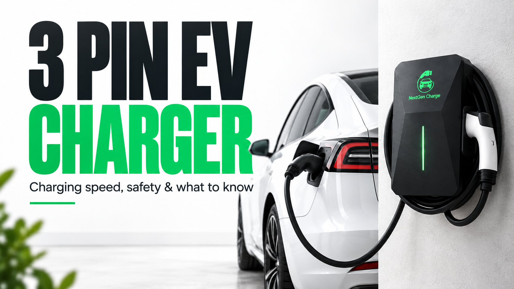 3 pin EV charger guide showing a white electric car connected to a black NextGen Charge home charger, with information on charging speed and safety.