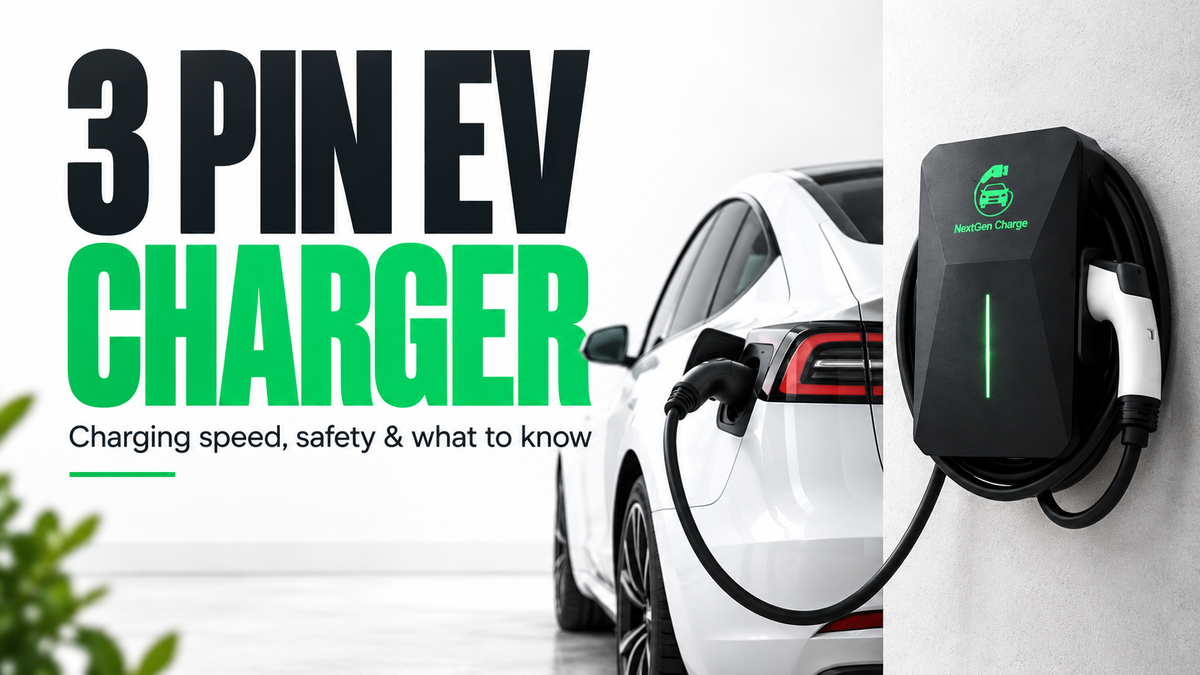 3 pin EV charger guide showing a white electric car connected to a black NextGen Charge home charger, with information on charging speed and safety.