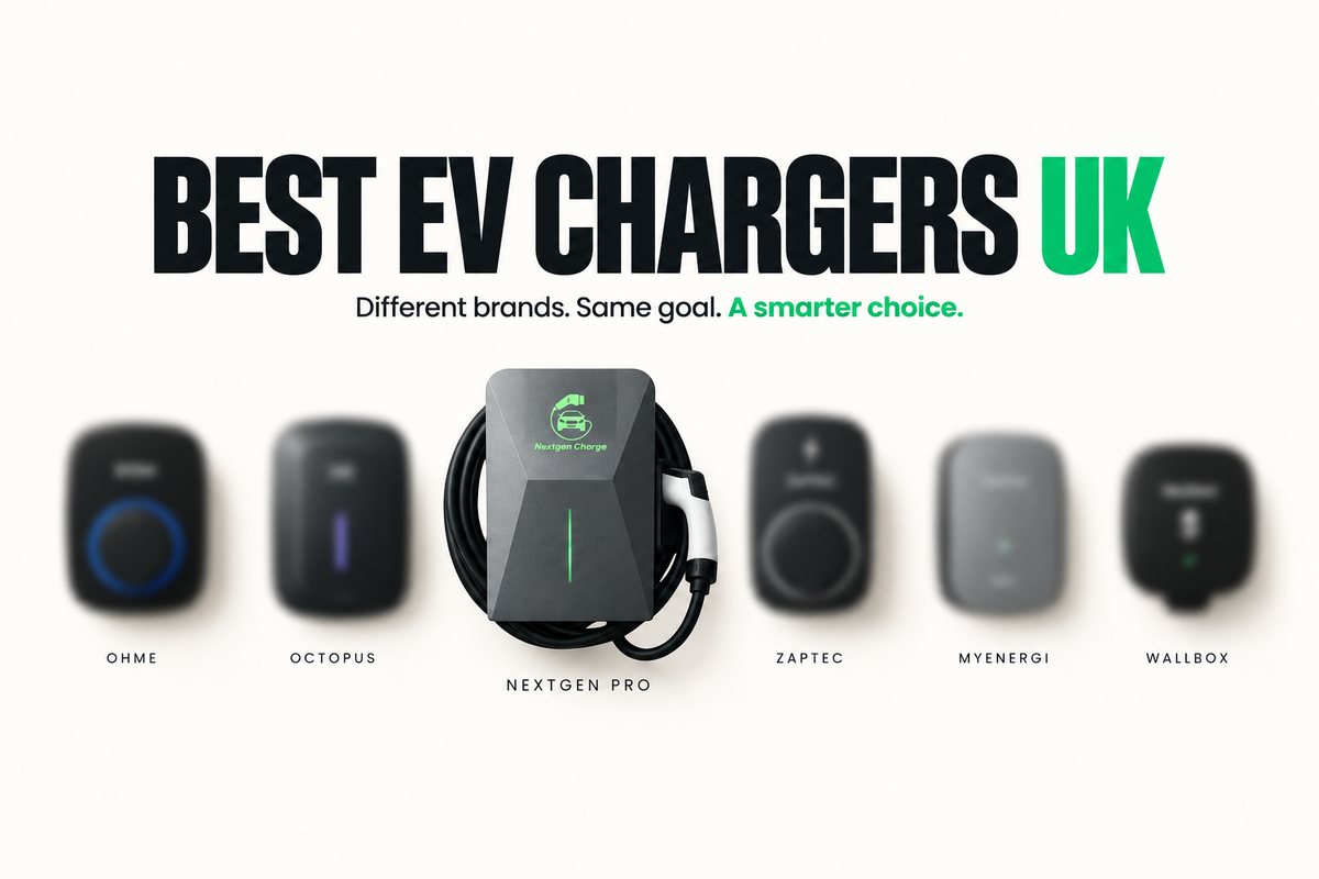 Alt: Comparison of the best EV chargers in the UK featuring NextGen Pro, Ohme, Octopus, Zaptec, myenergi and Wallbox