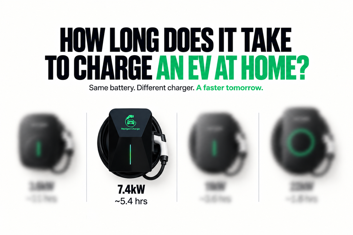 EV home charging time comparison showing a 7.4kW NextGen charger taking about 5.4 hours