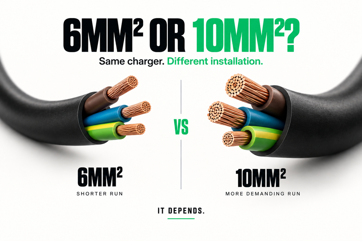 EV charger cable comparison showing 6mm² and 10mm² cables for different installation requirements