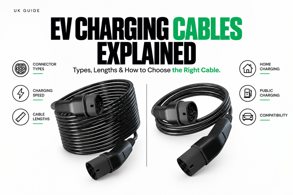 EV charging cables explained, showing Type 2 charging cables for home and public charging and different cable lengths