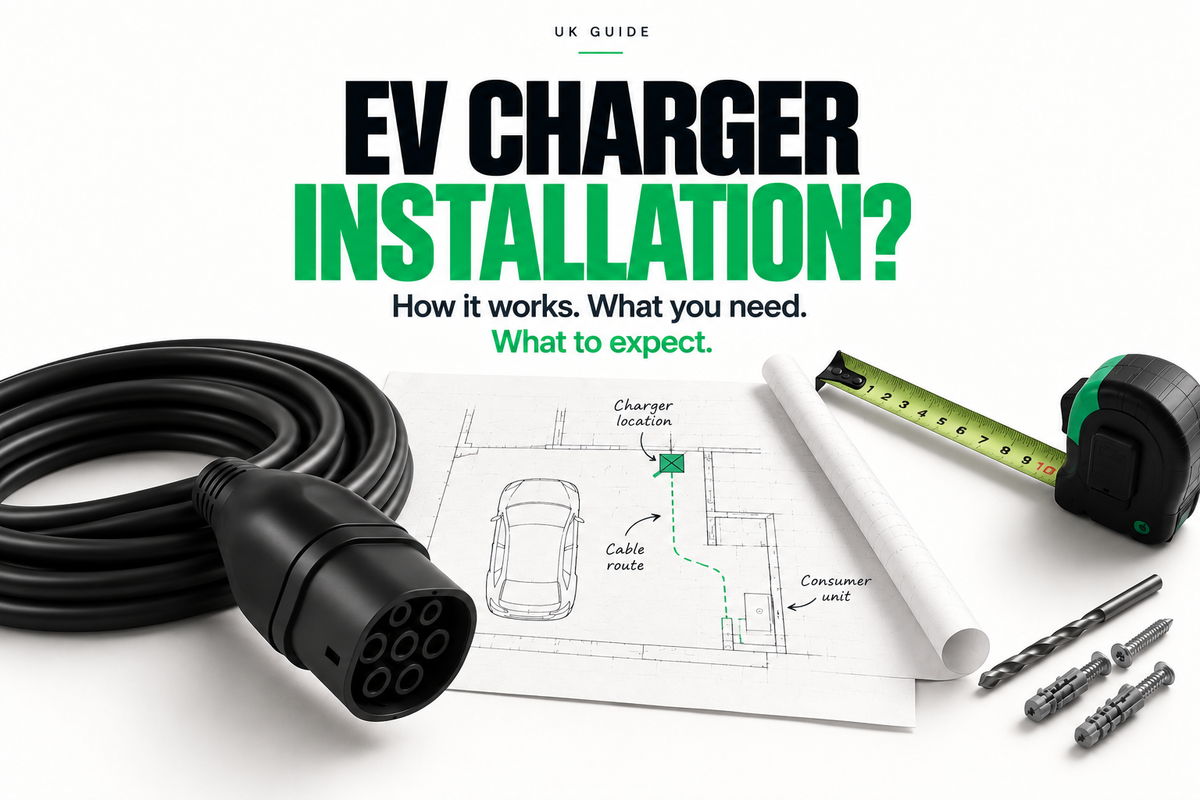 EV charger installation guide showing charger placement, cable route, electrical setup and installation tools for a UK home