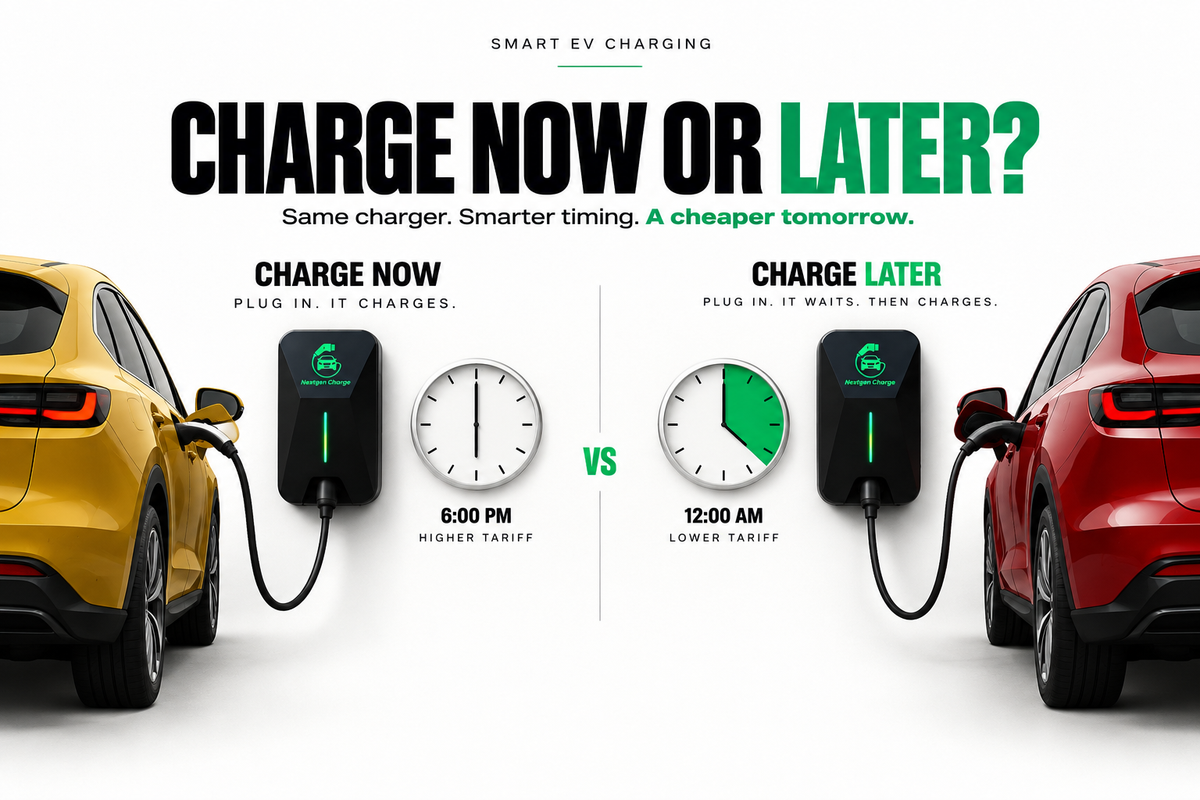 An image explaining smart charging with nextgen chargers a yellow ev and red ev getting charged.