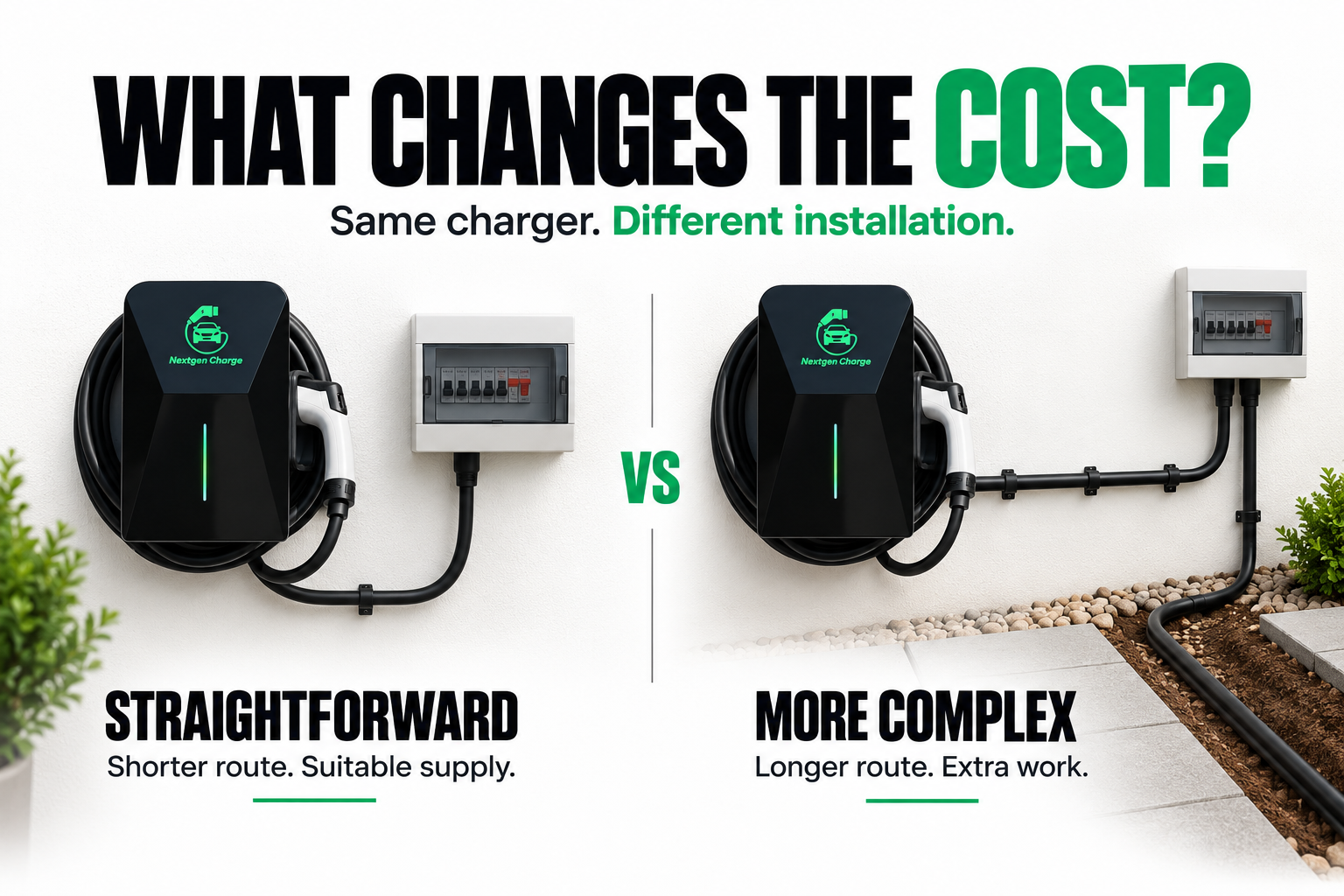 EV charger installation cost comparison showing a straightforward short cable route versus a more complex installation with a longer cable route and additional groundwork