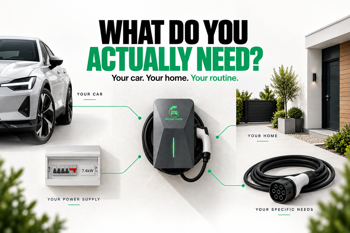 Home EV charger guide graphic showing an EV charger with key considerations including the car, home, power supply and specific charging needs.
