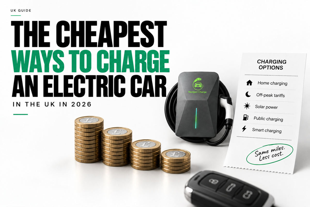 Graphic showing the cheapest ways to charge an electric car in the UK, with a NextGen EV charger, charging options and descending stacks of pound coins.