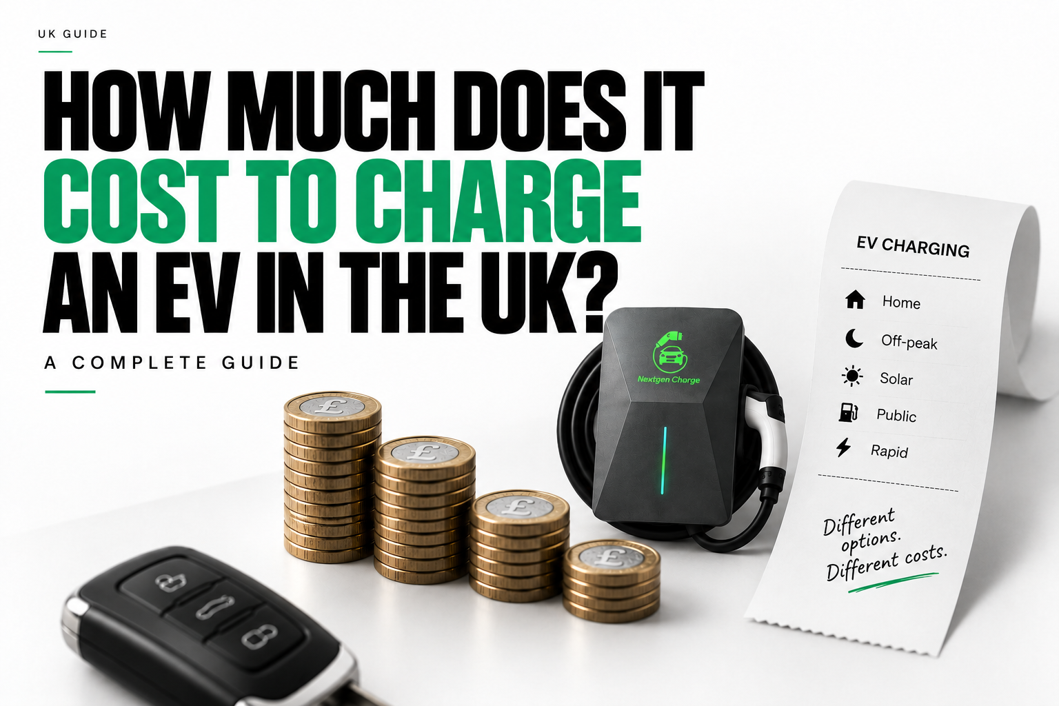 EV charging cost guide graphic showing a NextGen EV charger, UK pound coin stacks and different charging options including home, off-peak, solar, public and rapid charging.