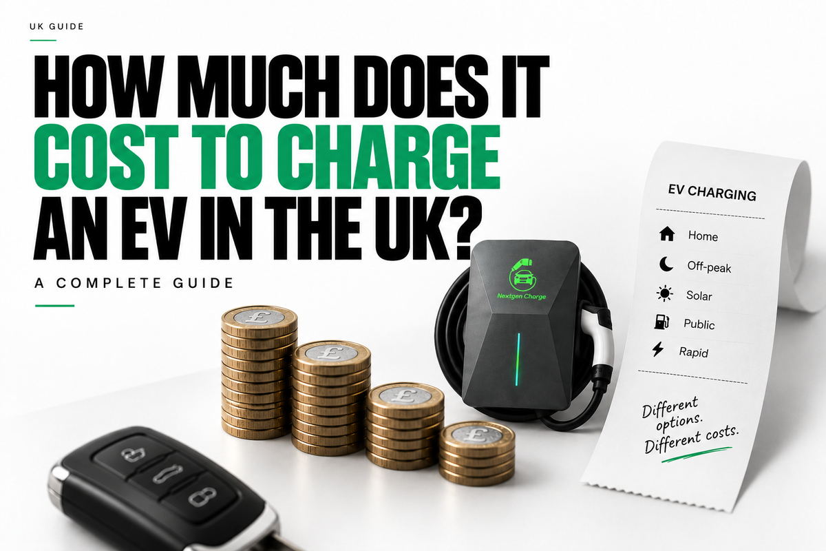 EV charging cost guide graphic showing a NextGen EV charger, UK pound coin stacks and different charging options including home, off-peak, solar, public and rapid charging.