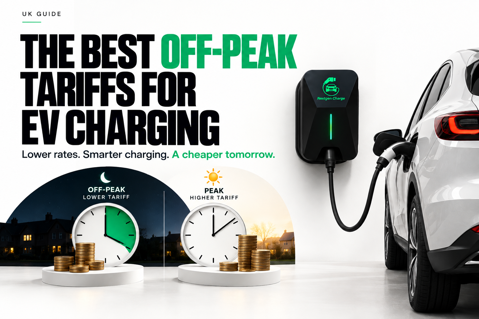 EV charger showing off-peak and peak electricity tariffs, with lower overnight charging rates and smart EV charging at home in the UK.