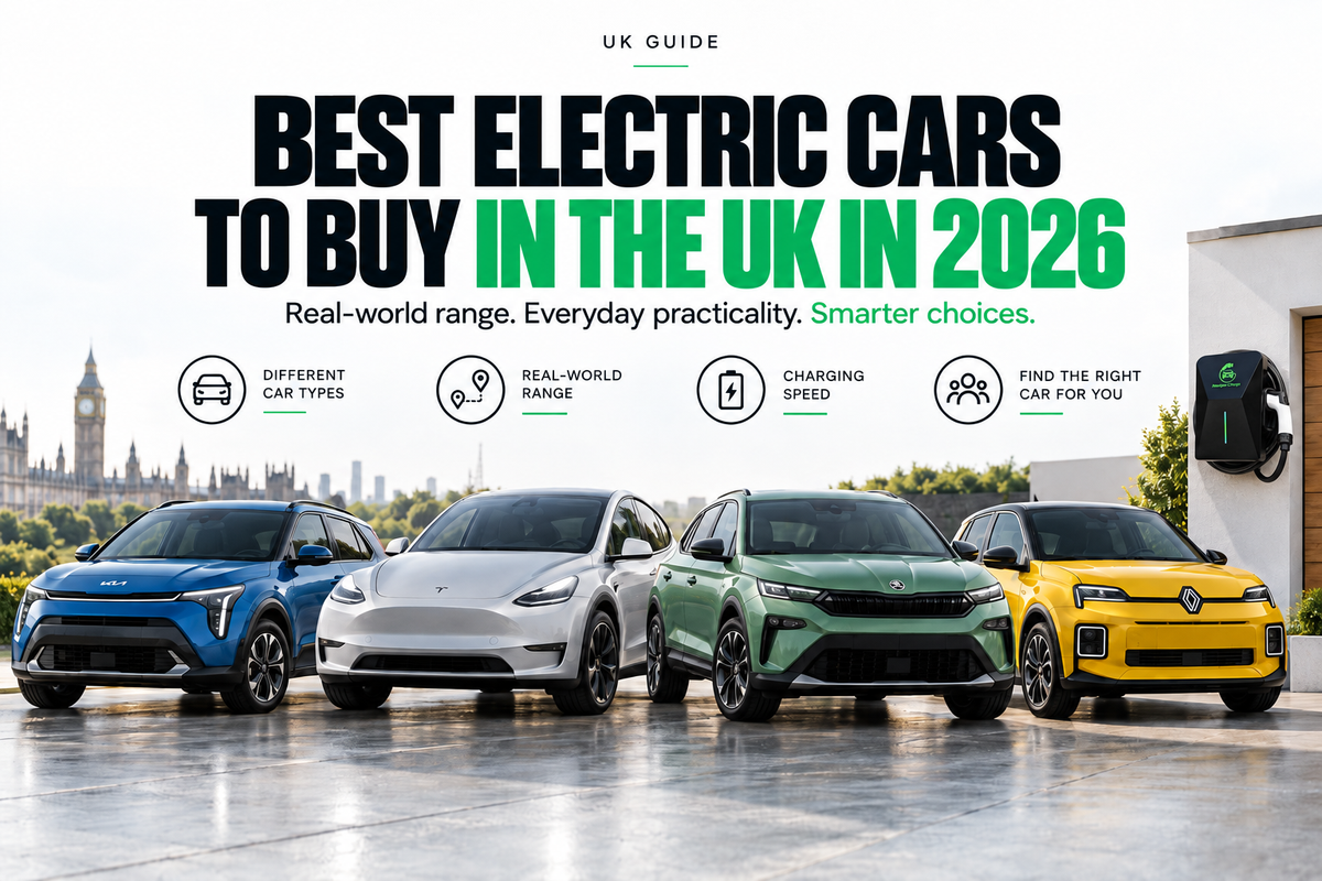Best electric cars to buy in the UK in 2026, featuring a range of electric vehicles and highlighting real-world range, charging speed, practicality and home EV charging with a NextGen Charge home charger.