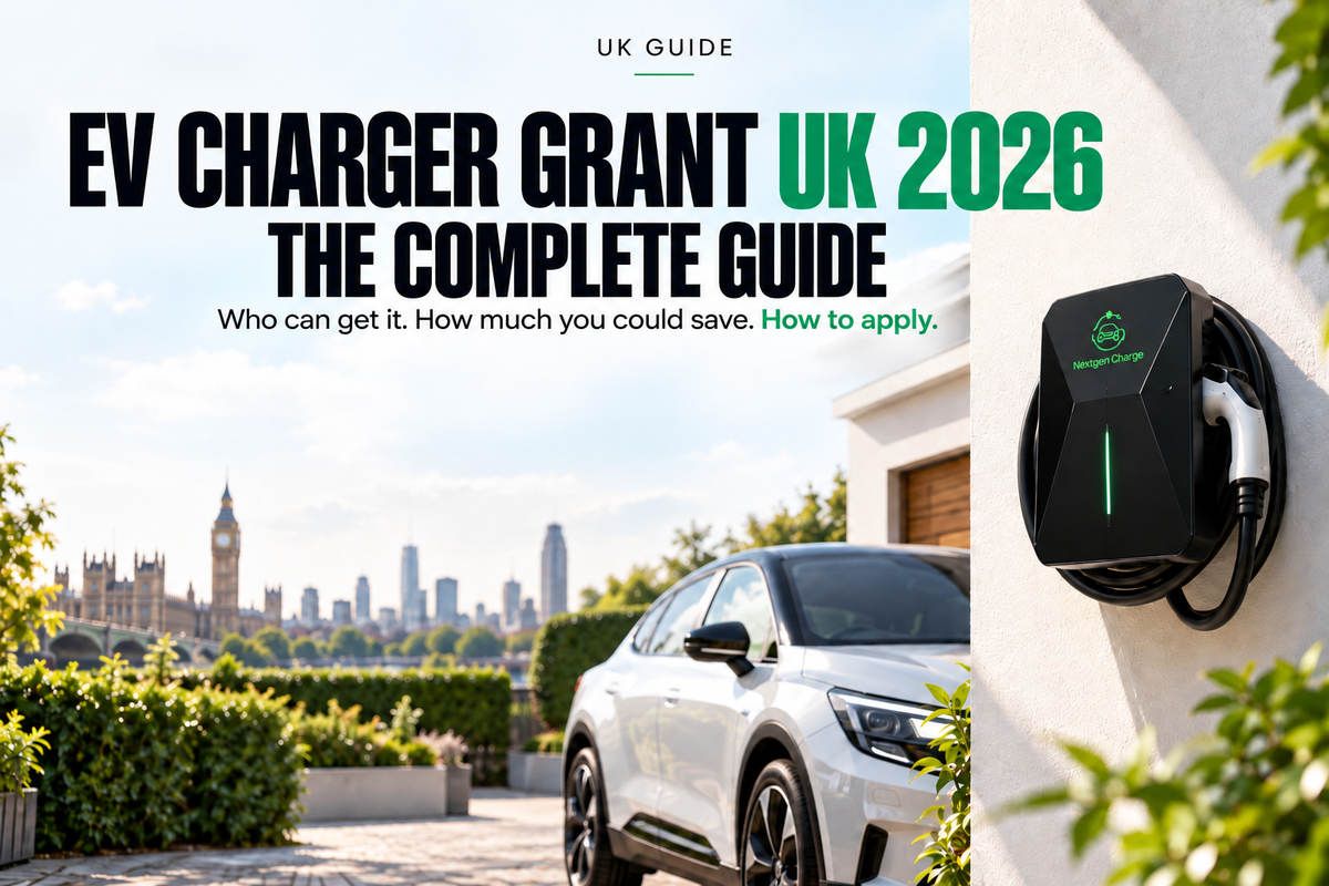 EV charger grant UK 2026 guide showing home, landlord, business and school EV charger grants, eligibility, potential savings and a NextGen Charge home EV charger.