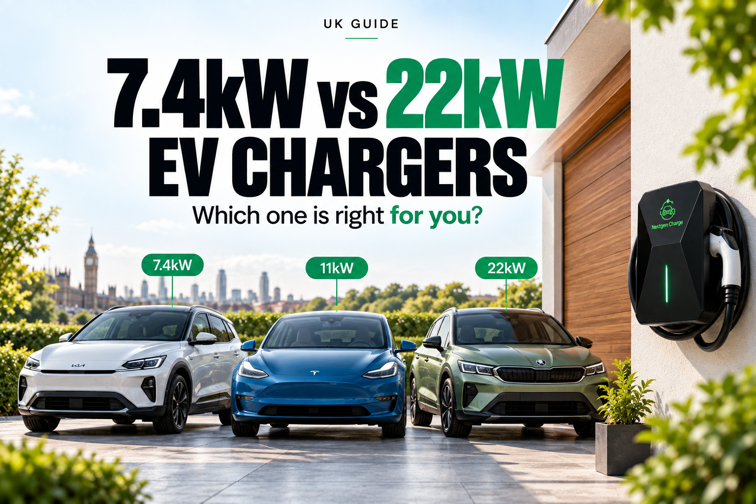7.4kW vs 22kW EV chargers compared with 11kW charging, showing different home EV charging power options and a NextGen Charge home charger in the UK.