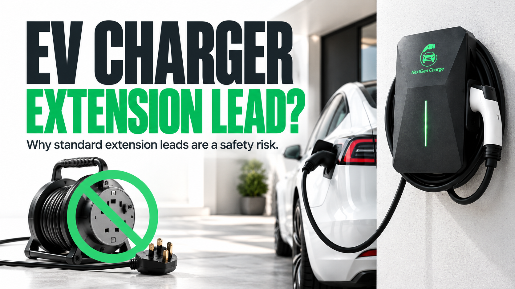 NextGen Charge EV charger beside a white electric car, with a crossed-out extension reel illustrating why standard extension leads should not be used for EV charging.