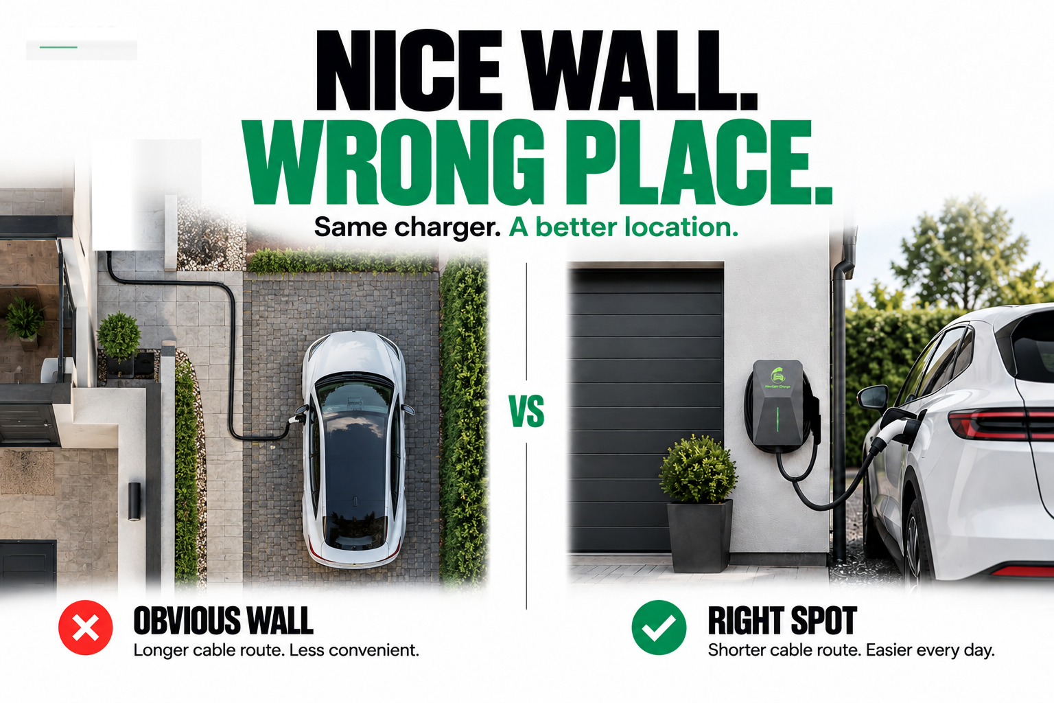 EV charger installation comparison showing how charger location affects cable length and everyday convenience.