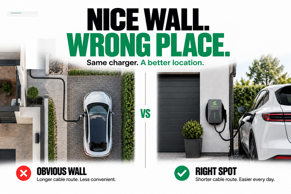 EV charger installation comparison showing how charger location affects cable length and everyday convenience.