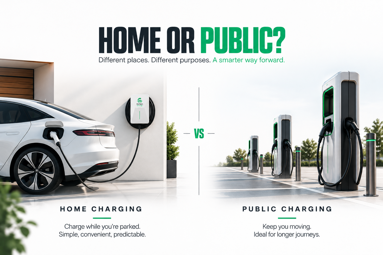 Home EV charging vs public EV charging, showing a home EV charger and public charging stations for convenient everyday charging and longer journeys in the UK.