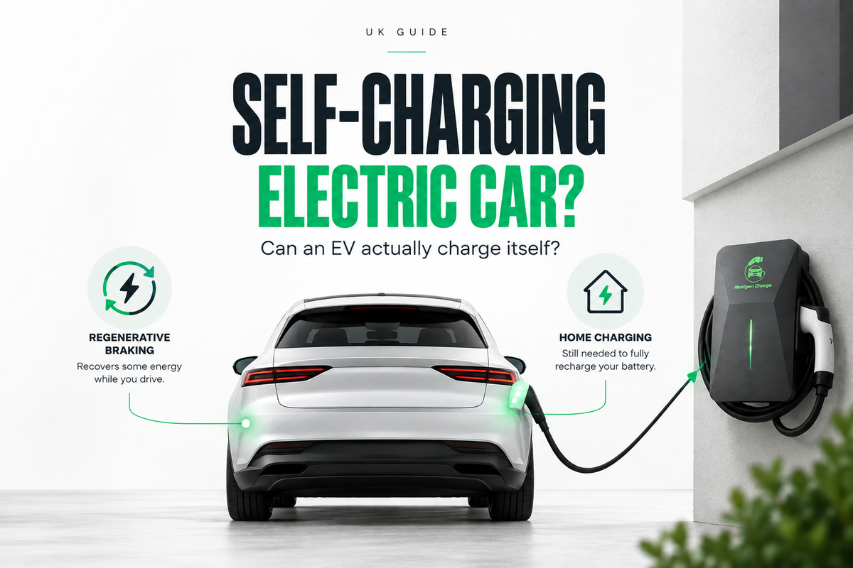 Self-charging electric car showing regenerative braking and home charging with a NextGen Charge EV charger.