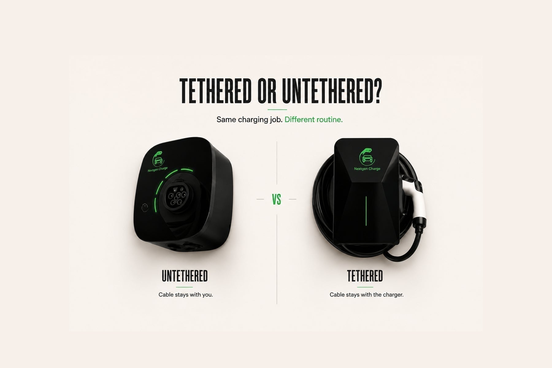 Tethered vs untethered EV chargers showing a built-in charging cable compared with a separate charging cable for home EV charging.